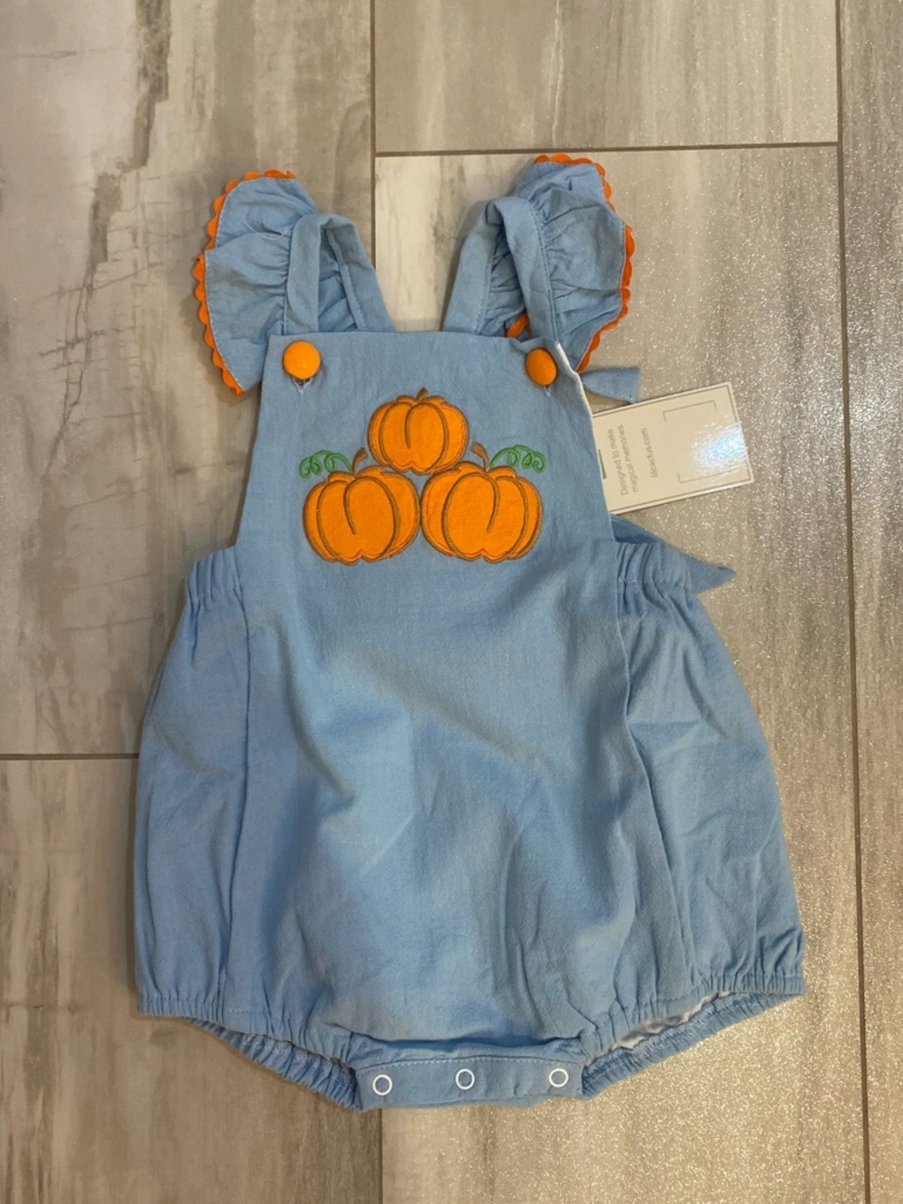 NWT Lil Cactus Blue Pumpkin Appliqué Crisscross Back Bubble Romper girls 18-24M